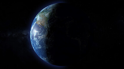 A view of the big blue marble Earth as seen from high orbit in space. Day/night terminator over the western hemisphere.	
