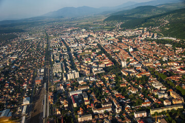 Obraz premium ROMANIA Bistrita Panoramic aerial view and Evangelical Church, august 2020
