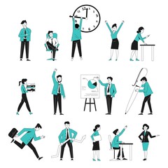 Outline business characters. Office people, female male at work. Startup or entrepreneurs, managers deadline. Corporate presentation, job recent vector set