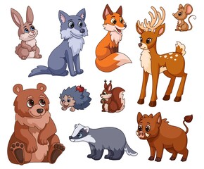 Cartoon forest animal. Nature animals, woodland cute squirrel, wolf, bear. Red fox and mouse for children print or stickers. Zoo wild garish vector characters