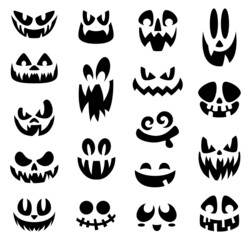 Scary halloween faces. Smiling face, halloween pumpkin or ghost cartoon creepy grin. Isolated black eyes and mouths, holiday masks garish vector set