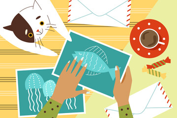 Obraz premium Desktop with hands packing postcards in envelopes, flat vector illustration.