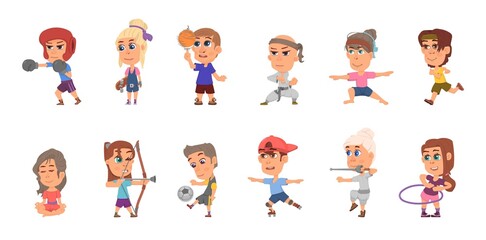 Kids sport characters. Student training, football player and fun team activity. Cartoon children athletes, isolated funny exercise decent vector set