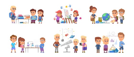 Kids on lessons. Children preschool students, cute child study science. Cartoon boy girl with books, chemistry lab and travel group decent vector set