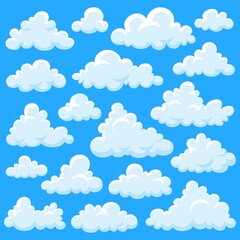 White cartoon clouds. Fluffy cloud, overcast elements fly on blue sky. Smoke shapes, summer heaven or game weather garish vector objects