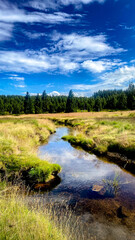 blue sky and the river in the hamlet Jizerka of Jizera Mountains, Czech Republic