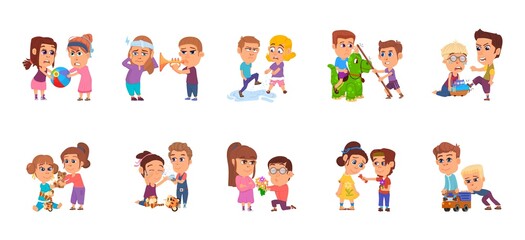 Bad and good children. Child share toy, happy and angry brother with sister. Family conflict, kids behavior. Isolated cartoon toddlers decent vector characters