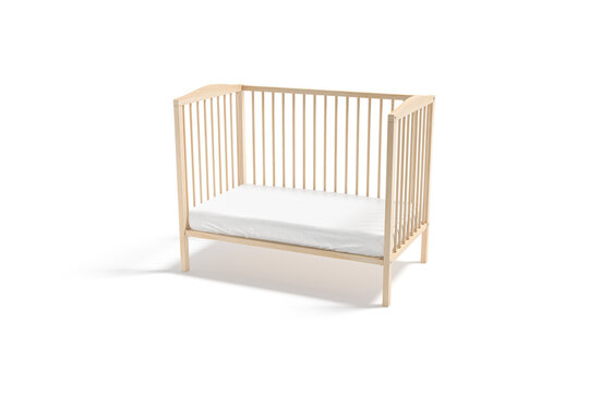 Blank wood cot with white crib sheet mockup, half-turned view