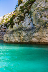 Fototapeta na wymiar Cliffy rocks Verdon gorge near Galetas bridge, lake Sainte Croix, Provence, Provence Alpes Côte d'Azur, France