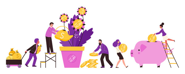 Business people watering money tree, flat vector illustration isolated.