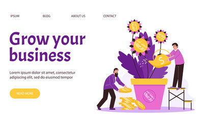 Web page with business persons watering money tree and collects golden coins.