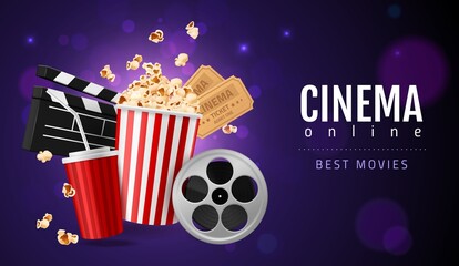 Realistic popcorn cinema. Movie watching concept, online filmshow entertainment, 3d cinematic objects, two tickets, snack and drink. Promotion flyer. Vector horizontal isolated poster