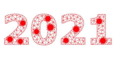 Mesh 2021 year digits polygonal icon vector illustration, with infectious items. Abstraction is based on 2021 year digits flat icon, with infection centers and triangular mesh.