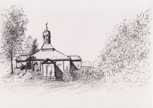 Hand drawn stock ink sketch of old village mosque in Novogrudok town, Belarus. Muslim legacy in Eastern Europe. Use for card, poster, print, book illustration. Peaceful landscape with Muslim temple.