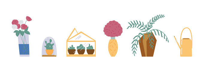 Vector set of house green plants and flowers in pots selling in flower shops.