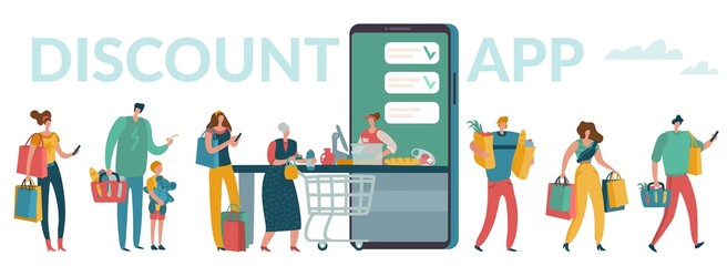 Mobile supermarket. Smartphone discount app concept. People wait in line and buy food products in digital store. Vector men and women make purchases using online shopping application
