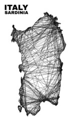 carcass irregular mesh Sardinia map. Abstract lines are combined into Sardinia map. Wire carcass 2D network in vector format. Vector model is created for Sardinia map using intersected random lines. - obrazy, fototapety, plakaty