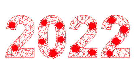 Mesh 2022 year digits polygonal symbol vector illustration, with infection elements. Carcass model is created from 2022 year digits flat icon, with infectious elements and polygonal net.