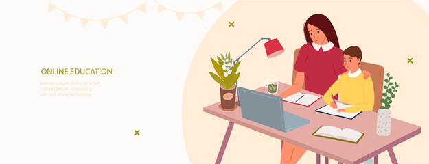 Online education. Parents helping children do homework landing page. Learning, studying process at home. Distance education, online books, exam preparation. Family read book flat vector illustration.