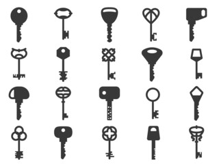 Key silhouettes. Black vintage and modern shapes, retro and contemporary design forms, monochrome pictograms, home door security. Design and decor elements. Vector isolated set