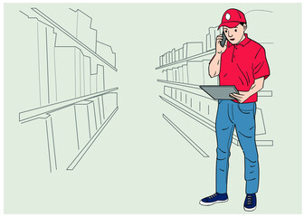 Warehouse keeper in red uniform holding a note. Calling his partner to check the existing goods. Hand drawn style vector design illustrations.