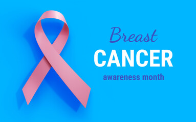Beautiful Symbol of Breast Cancer Awareness Month Campaign with Text on Blue Color Background. 3d Illustration of Pink Realistic Ribbon with Loop