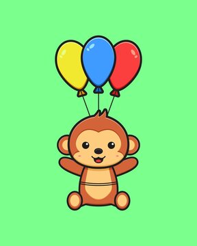 Cute monkey flying with balloon cartoon icon illustration