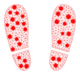 Mesh human footprints polygonal icon vector illustration, with infection centers. Carcass model is created from human footprints flat icon, with infection centers and triangle net.