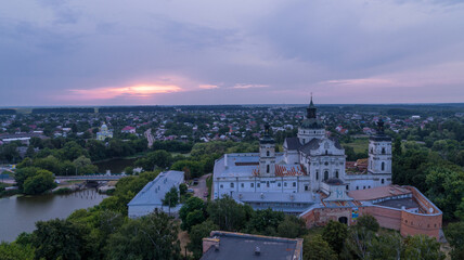 The Monastery of the Bare Carmelites in Berdichev aerial evening panorama view