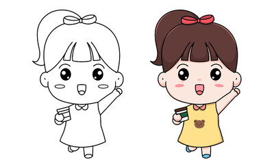 Hand draw children coloring illustration with girl and coffee cup cartoon