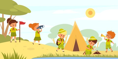Scouts kids in nature. Young tourists go hiking. Children in uniform pitch tent and light campfire in lawn. Boys and girls with camping equipment. Vector summer outdoor vacation concept