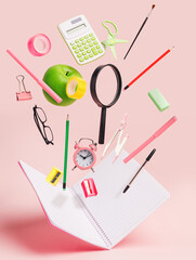 School equipment flying in the air against pastel pink background. Alarm clock, healthy snack time,...