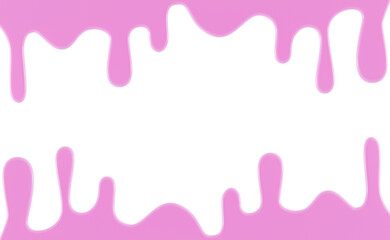 Dripping glossy pink slime, melted texture frame, goo liquid border, banner backdrop. Splashes and drops syrup, paint or nail polish isolated on white background. Realistic illustration, 3d render