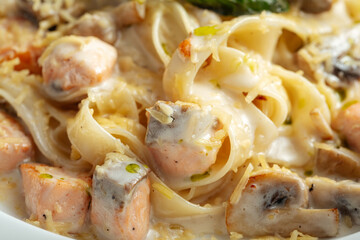 Closeup on fettuccine pasta with salmon in cream sauce