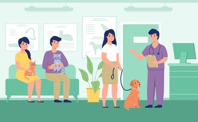 Vet reception. Registration animals in queue to veterinarian, owners with pets in clinic, waiting for doctors appointment. Medical treatment, animal health care. Vector isolated concept