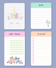 Calendar days organizers. Weekly planner, agenda, reminder and checklist, important date. Colorful paper sheets with flowers and unicorn. Girls notebook or diary template. Vector isolated set