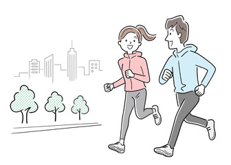 ベクターイラスト素材：ランニング、ジョギングする若い男性と女性、カップル

