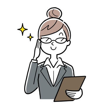ベクターイラスト素材：メガネをクイッと上げる女性秘書、若いビジネスウーマン
