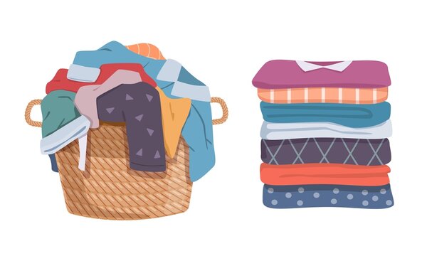 Dirty and clean clothes. Apparel heap with stains in basket and washed  clothing, pile different towels. Soiled smelly pile of fabric cotton  t-shirts and socks. Vector laundry isolated set Stock Vector |