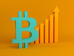 Bitcoin icon with growth graph. International Stock Exchange. Fluctuations and forecasting of the cryptocurrency rate. Bitcoin growth chart illustration and concept. 3D rendering.
