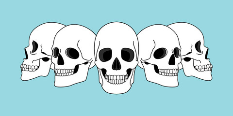 Skulls views. Funny horror spooky skull front and side view illustrations isolated on background, vector skeleton tattoo anatomical face drawings, scary hell smile
