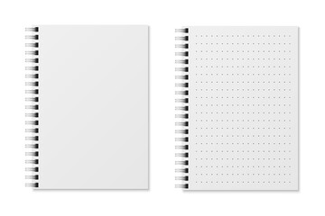Realistic notebooks. Blank padded diary sketchbook with dots for writing or painting. White copybook with spiral binder, organizer with clean sheets, office or school stationery mockup vector set