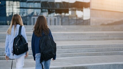 Back view of two students walking and talking in a university campus