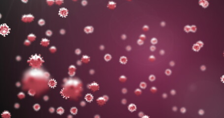 Image of macro Covid-19 cells floating on red background