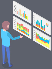 Visualize with business analytics. People work with statistical data analysis, changing indicators. Employees analyze statistical indicators, business data. Characters work with marketing research