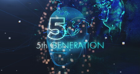 Image of 5g 5th generation text over human head spinning and globe in background