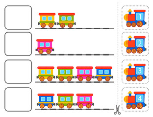 Game for preschool children. Learning to count from 1 to 4. Cut and glue. Train and carriages. Vector illustration