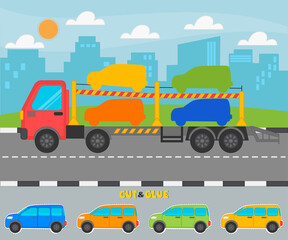 Fototapeta na wymiar Education paper game for preshool children. Cut and stick the car according to the color of the shadow on the car transporter. Kids funny education riddle entertainment. Vector illustration