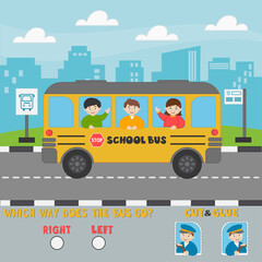 Logic game for preschool children. Determine which way the bus is going. Cut and paste the driver. Activity sheet. Vector illustration for print