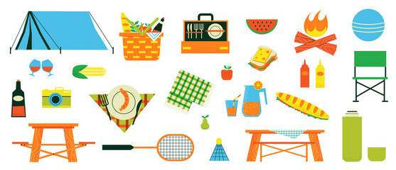 Cartoon picnic camping. Fireplace with tent, blanket and basket. Food and drinks for summer family weekend. Travel equipment and tableware. Hiking or vacation. Vector camp elements set